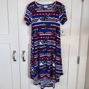 NWT LuLaRoe Carly Dress Women's Size XS Patriotic Dirt Bike Print Evil Knievel